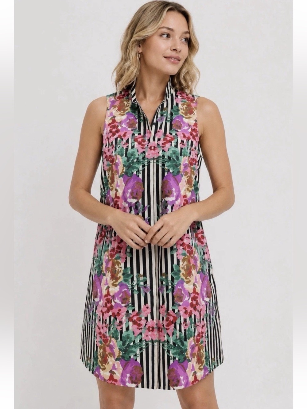 Tuckernuck Black-White Striped Floral Collared Sleeveless Midi Dress Size M